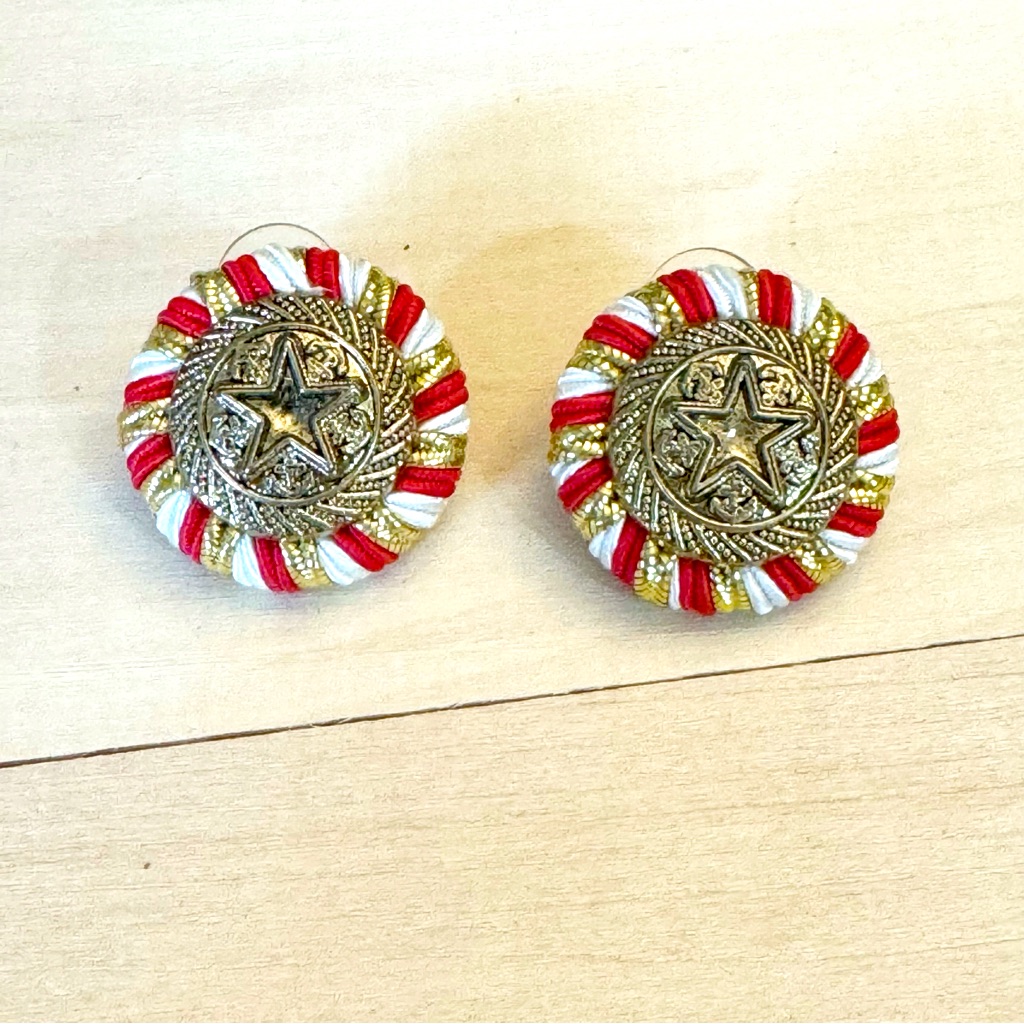 Vintage Large Red And White Silk Rope Stud Button Earrings Retro 80s 24$